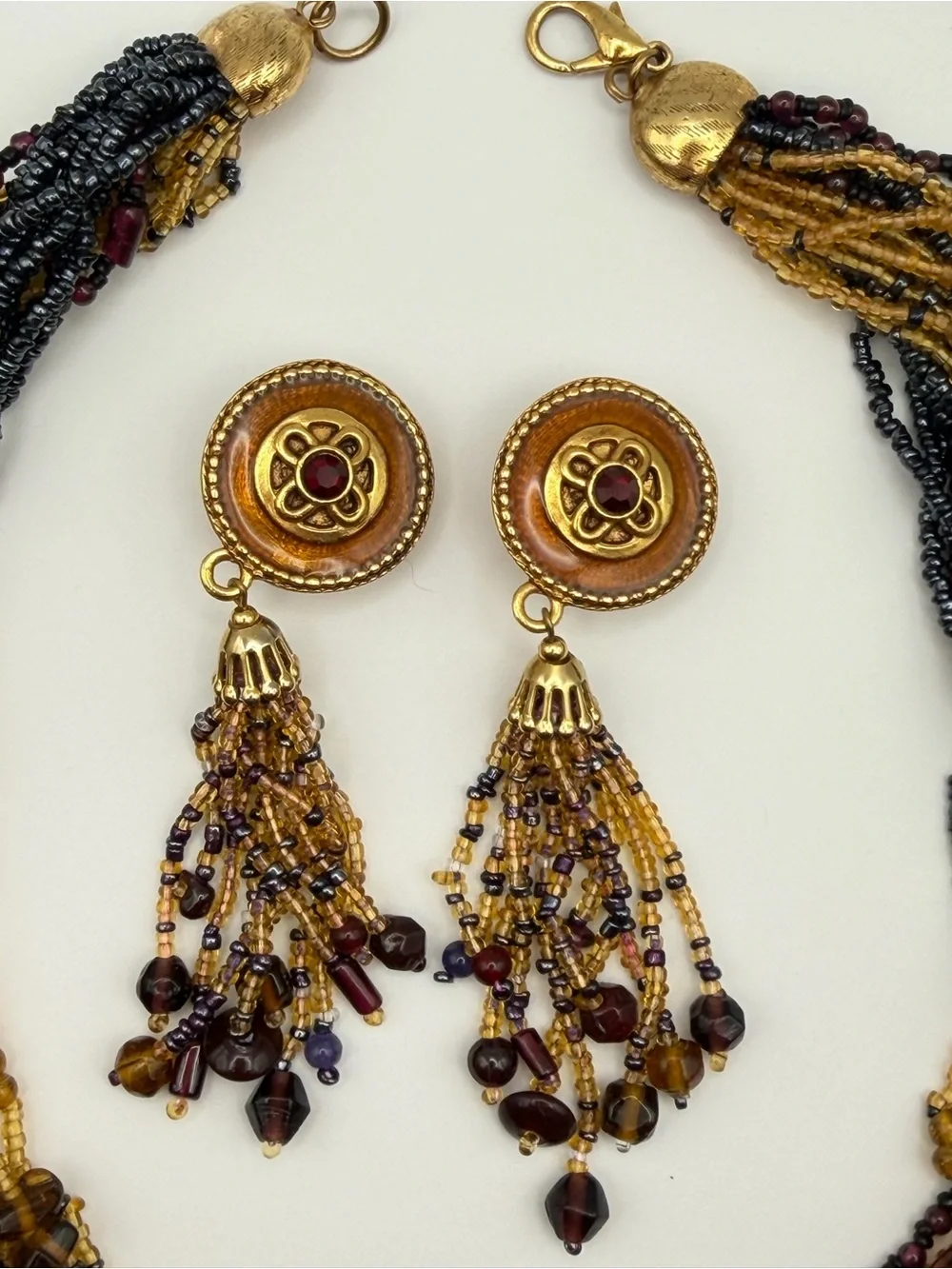 Vintage Multi-Strand Black & Gold Beaded Necklace & Clip-On Earrings Set